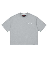 Godspeed Vital Necessi Tee heather grey, cotton tee with an arched blackletter Godspeed wordmark, front view
