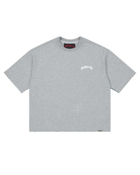 Godspeed Vital Necessi Tee heather grey, cotton tee with an arched blackletter Godspeed wordmark, front view