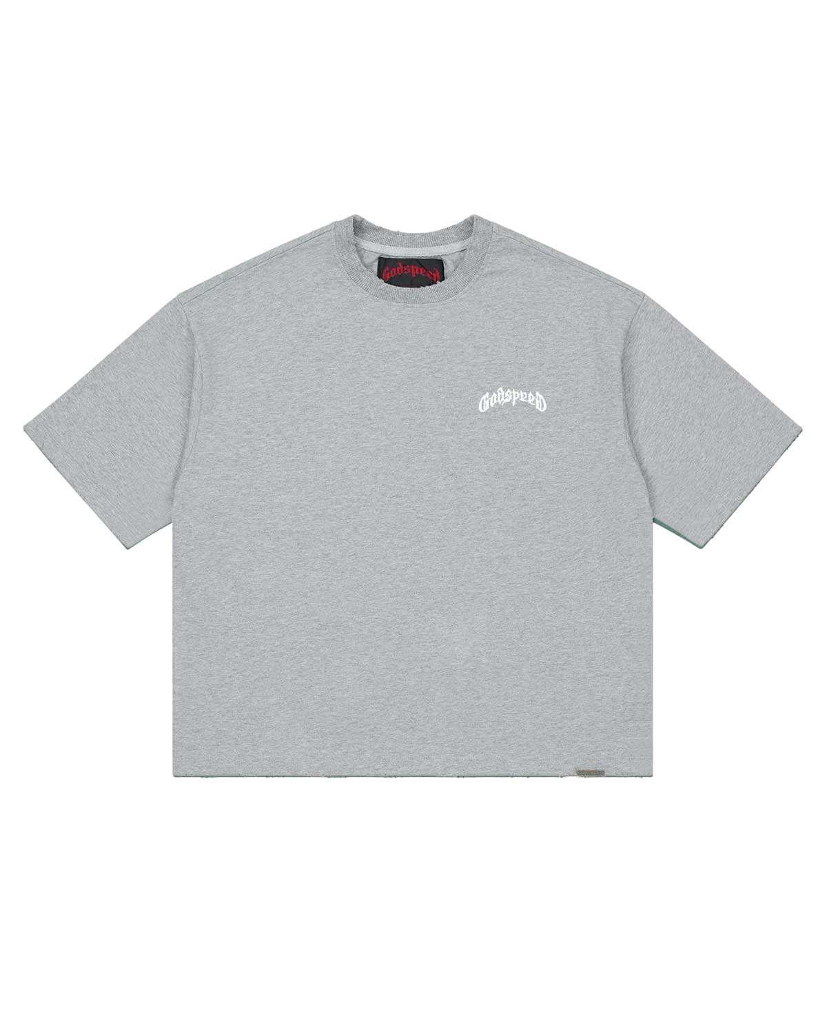 Godspeed Vital Necessi Tee heather grey, cotton tee with an arched blackletter Godspeed wordmark, front view