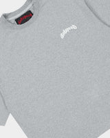 Godspeed Vital Necessi Tee heather grey, close-up of the arched blackletter Godspeed chest wordmark