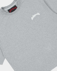 Godspeed Vital Necessi Tee heather grey, close-up of the arched blackletter Godspeed chest wordmark