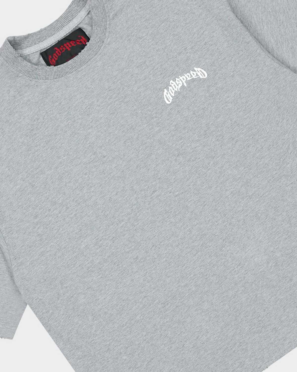 Godspeed Vital Necessi Tee heather grey, close-up of the arched blackletter Godspeed chest wordmark