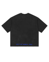 Godspeed Vital Necessi Tee NYC black/blue, back view with OUT OF MANY, ONE printed along the hem