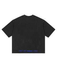 Godspeed Vital Necessi Tee NYC black/blue, back view with OUT OF MANY, ONE printed along the hem