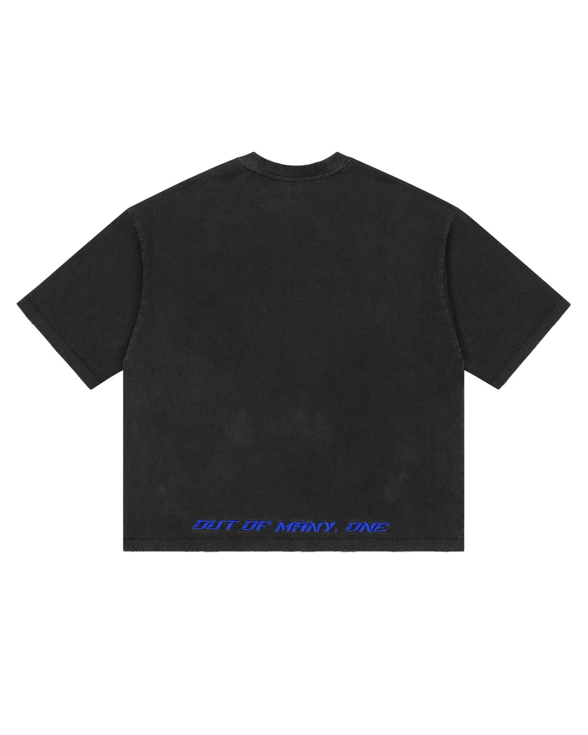 Godspeed Vital Necessi Tee NYC black/blue, back view with OUT OF MANY, ONE printed along the hem