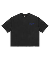 Godspeed Vital Necessi Tee NYC black/blue, washed black tee with a royal blue Godspeed chest script, front view
