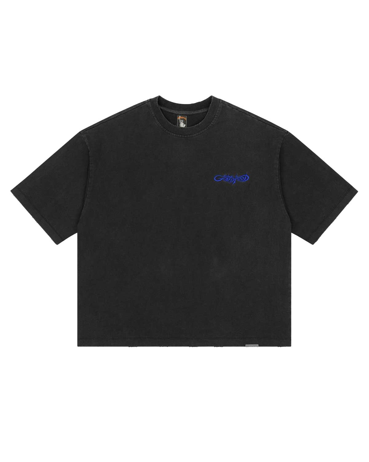 Godspeed Vital Necessi Tee NYC black/blue, washed black tee with a royal blue Godspeed chest script, front view