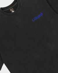 Godspeed Vital Necessi Tee NYC black/blue, close-up of the royal blue Godspeed chest script