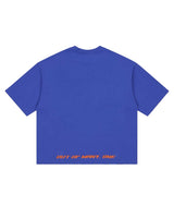 Godspeed Vital Necessi Tee NYK blue, back view with OUT OF MANY, ONE printed along the hem
