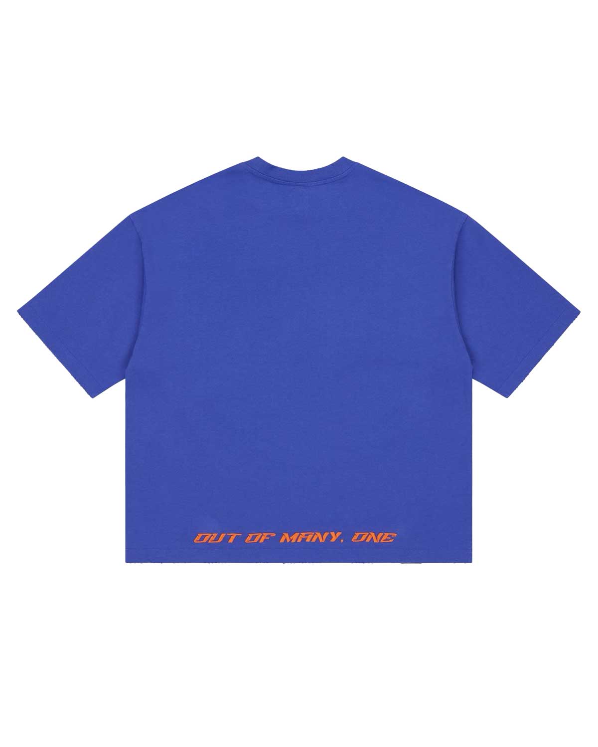 Godspeed Vital Necessi Tee NYK blue, back view with OUT OF MANY, ONE printed along the hem