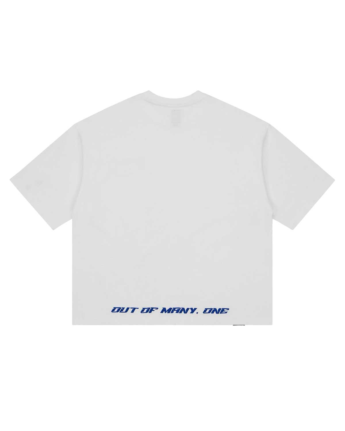 Godspeed Vital Necessi Tee NYK white, back view with OUT OF MANY, ONE printed along the hem