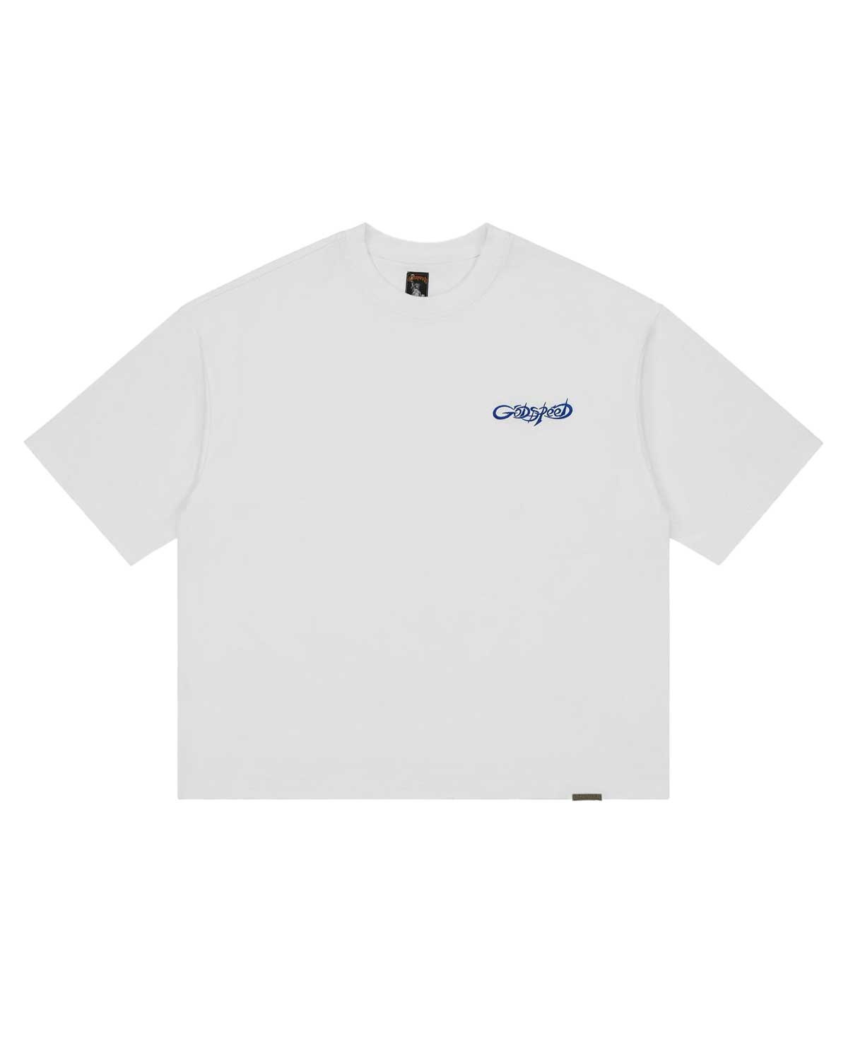 Godspeed Vital Necessi Tee NYK white, white cotton tee with a royal blue Godspeed chest script, front view