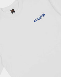 Godspeed Vital Necessi Tee NYK white, close-up of the royal blue Godspeed chest script