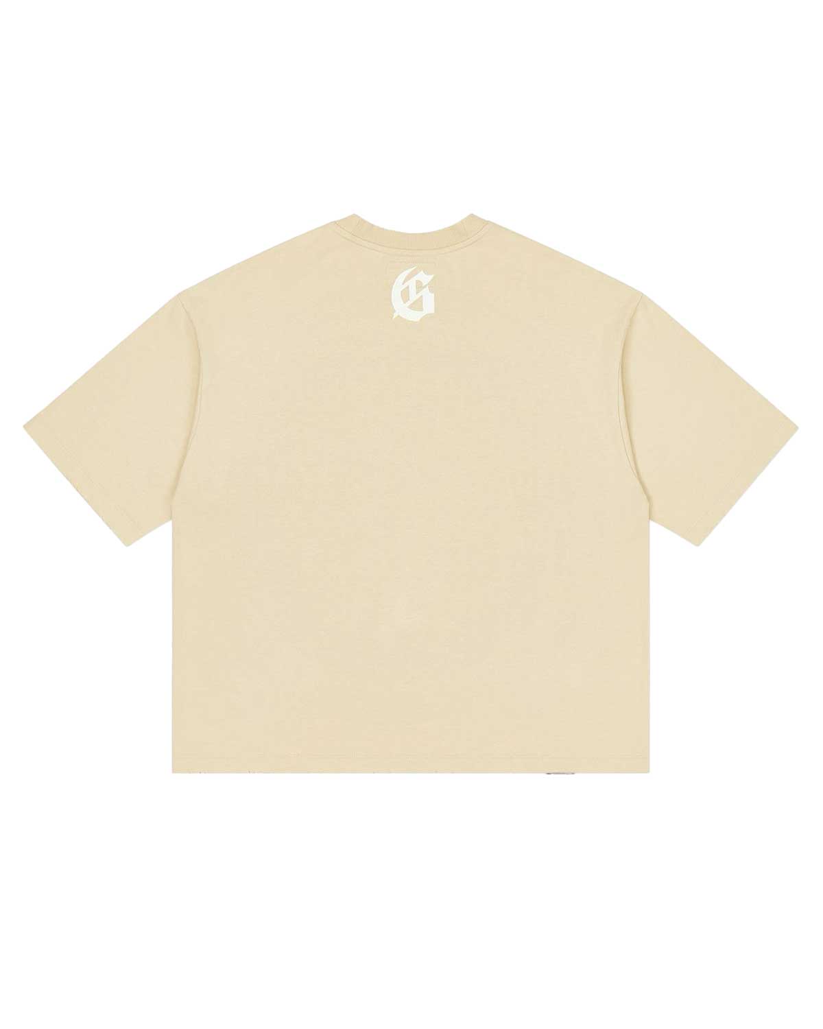Godspeed Vital Necessi Tee oat milk, back view with a gothic G monogram at the yoke