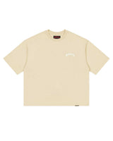 Godspeed Vital Necessi Tee oat milk, oat cotton tee with an arched blackletter Godspeed wordmark, front view