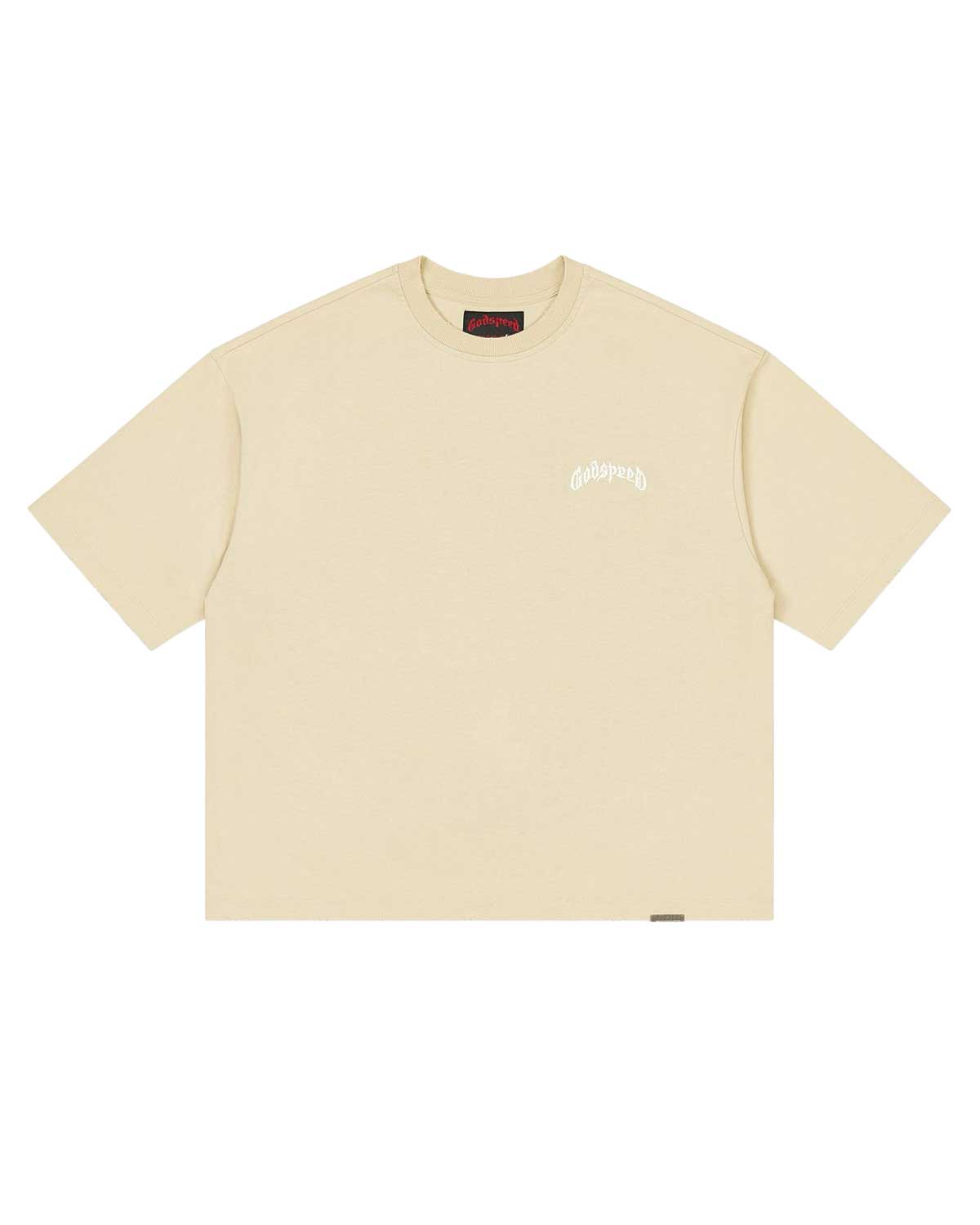 Godspeed Vital Necessi Tee oat milk, oat cotton tee with an arched blackletter Godspeed wordmark, front view