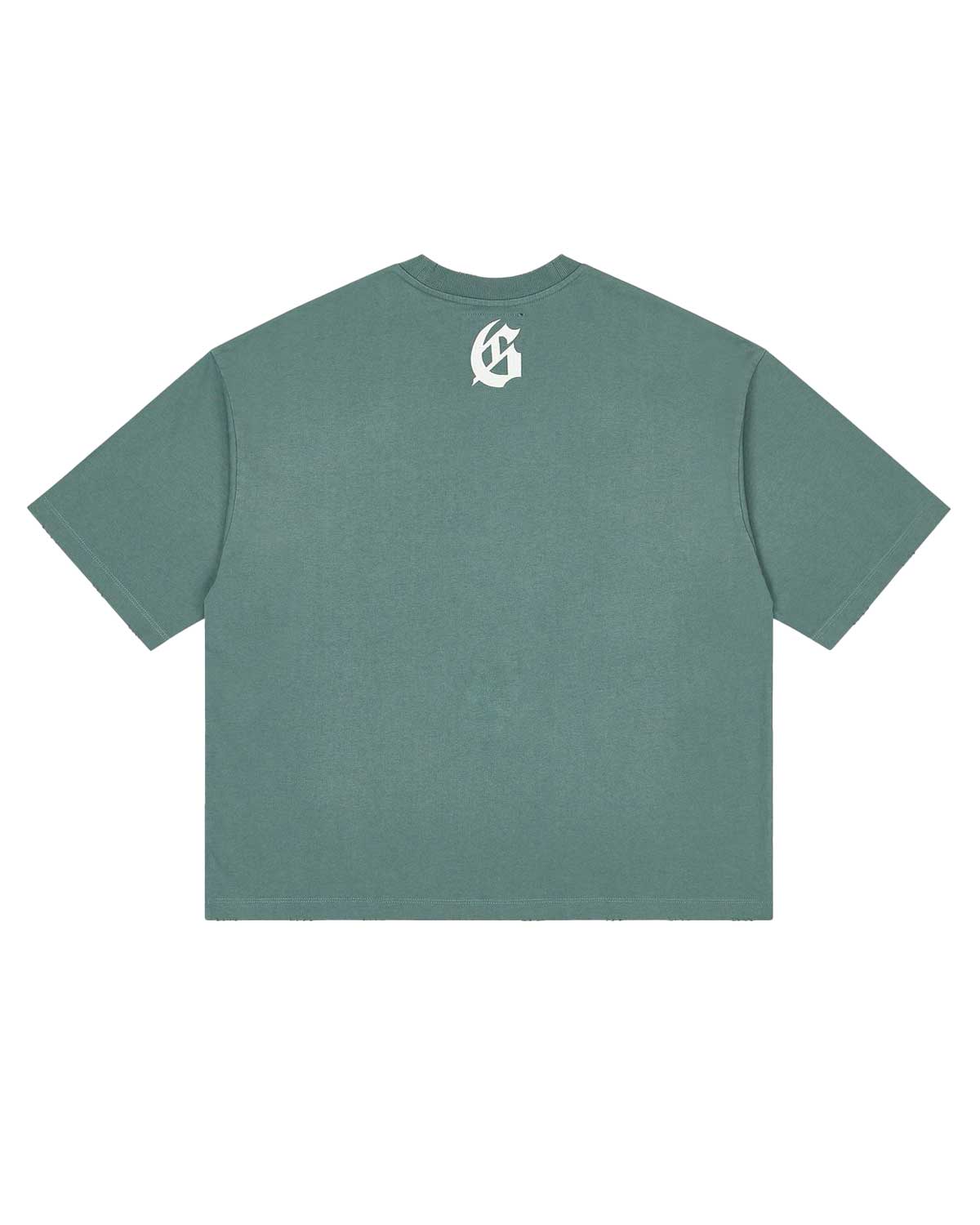 Godspeed Vital Necessi Tee sage smoke, back view with a gothic G monogram at the yoke