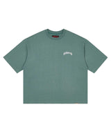 Godspeed Vital Necessi Tee sage smoke, sage green cotton tee with an arched blackletter Godspeed wordmark, front view