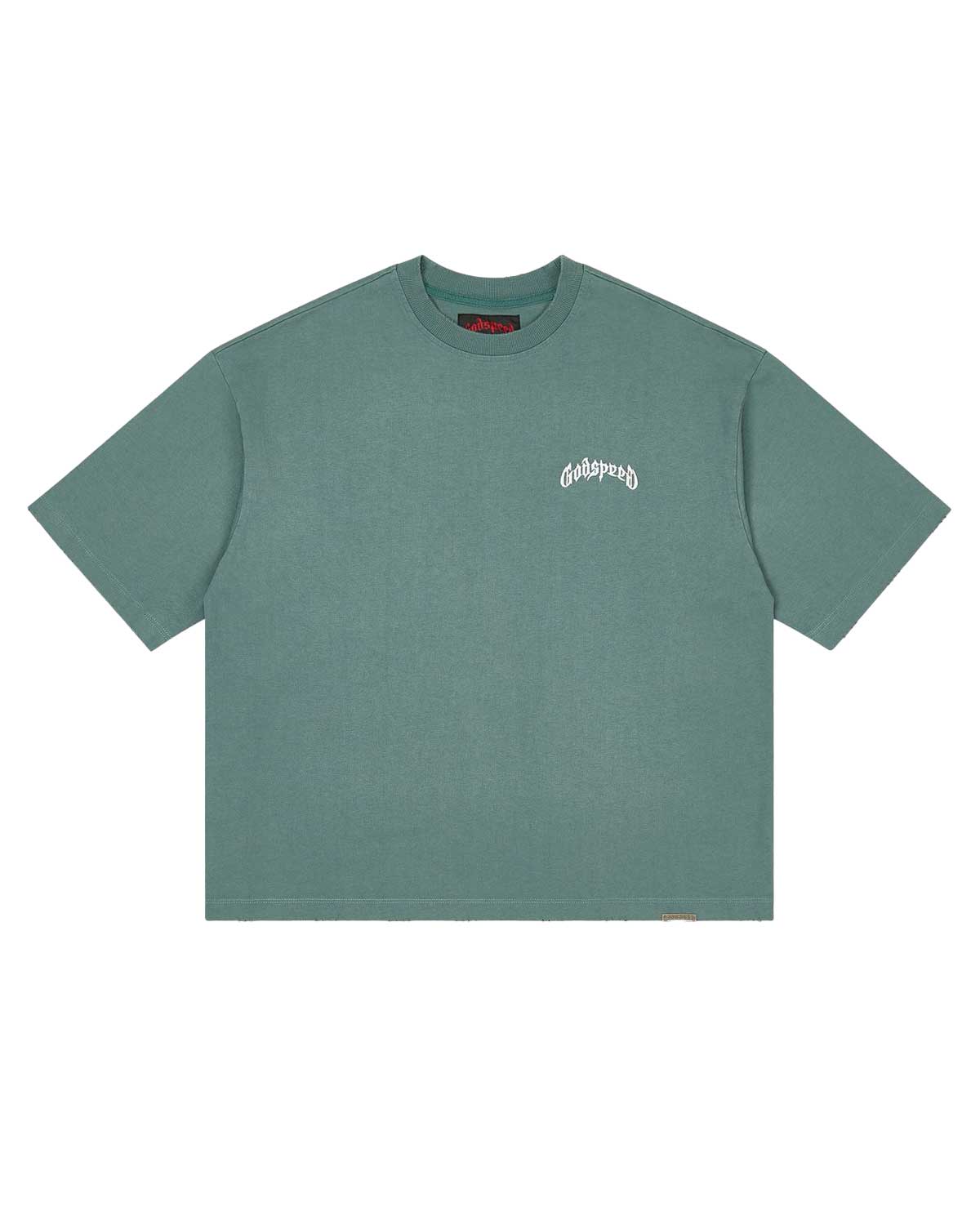 Godspeed Vital Necessi Tee sage smoke, sage green cotton tee with an arched blackletter Godspeed wordmark, front view