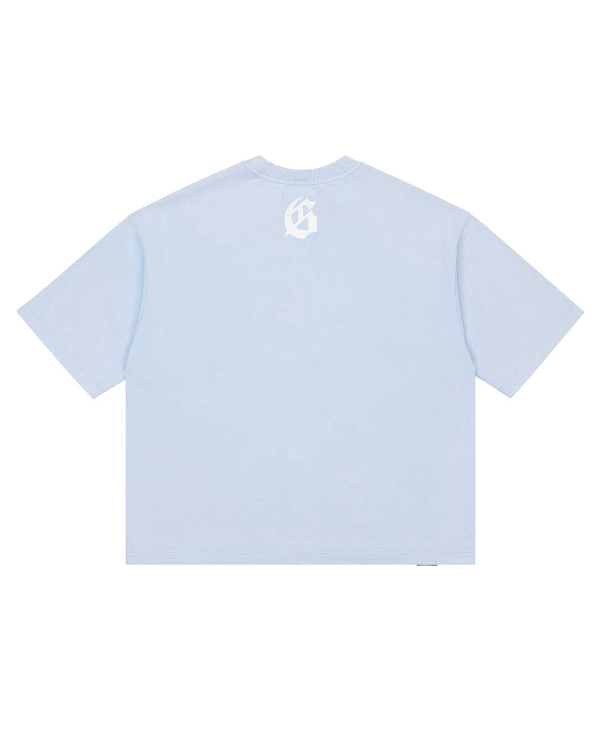 Godspeed Vital Necessi Tee sky blue, back view with a gothic G monogram at the yoke