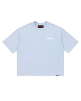Godspeed Vital Necessi Tee sky blue, cotton tee with an arched blackletter Godspeed wordmark, front view