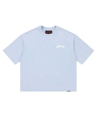 Godspeed Vital Necessi Tee sky blue, cotton tee with an arched blackletter Godspeed wordmark, front view