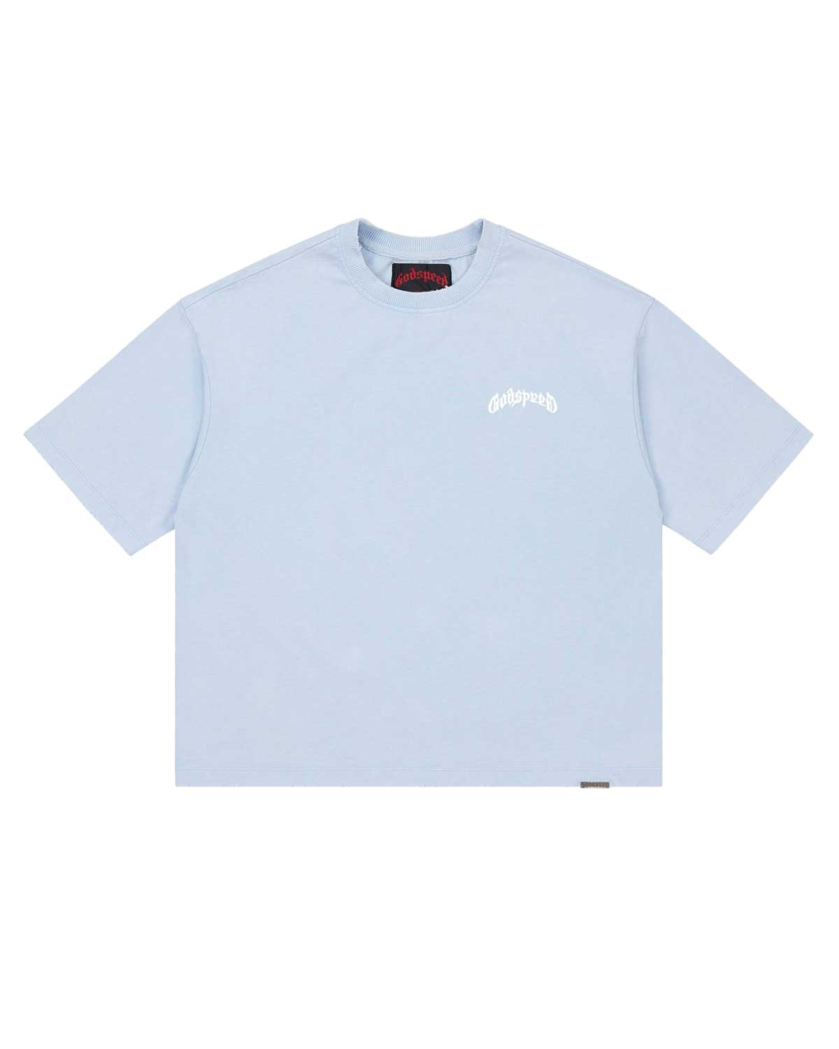 Godspeed Vital Necessi Tee sky blue, cotton tee with an arched blackletter Godspeed wordmark, front view