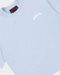 Godspeed Vital Necessi Tee sky blue, close-up of the arched blackletter Godspeed chest wordmark