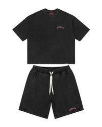 Godspeed Vital Short Set black wash with pink logo, washed tee and matching shorts laid flat