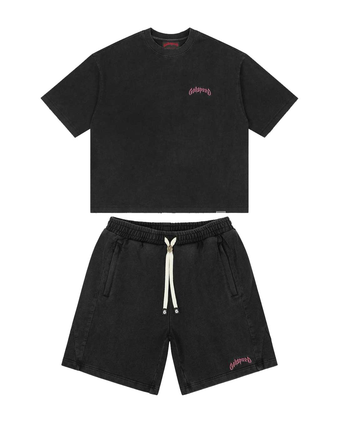 Godspeed Vital Short Set black wash with pink logo, washed tee and matching shorts laid flat