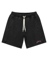 Godspeed Vital Short Set black wash with pink logo, matching drawstring shorts front view with zip side pockets