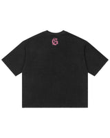 Godspeed Vital Short Set black wash with pink logo, tee back view with the gothic G logo