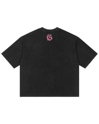 Godspeed Vital Short Set black wash with pink logo, tee back view with the gothic G logo
