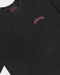 Godspeed Vital Short Set black wash with pink logo, close-up of the arched godspeed script on the tee