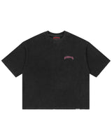 Godspeed Vital Short Set black wash with pink logo, washed boxy tee with arched godspeed script, front view