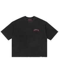 Godspeed Vital Short Set black wash with pink logo, washed boxy tee with arched godspeed script, front view