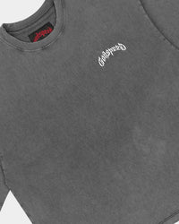 Godspeed Vital Short Set grey wash, close-up of the arched godspeed script