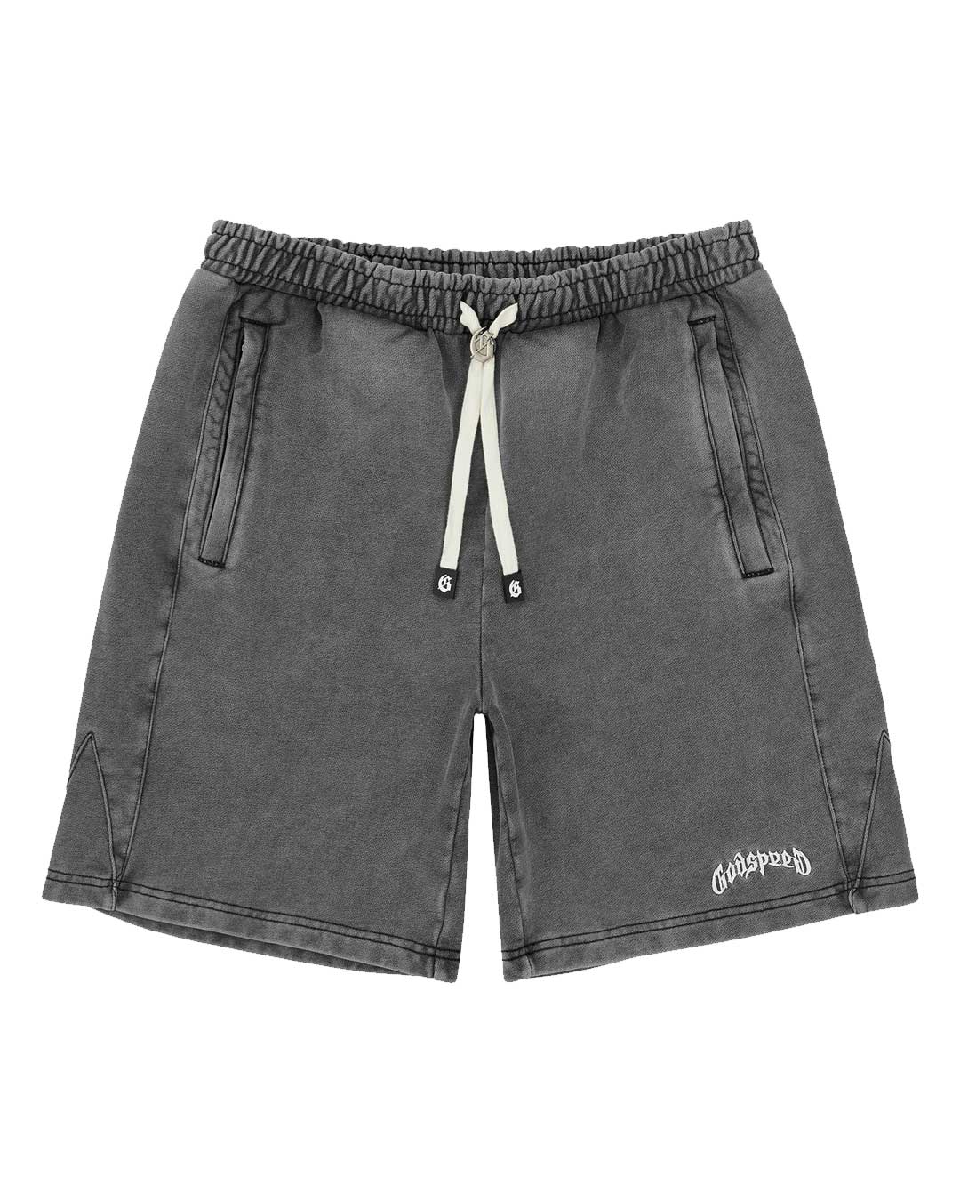 Godspeed Vital Short Set grey wash, matching drawstring shorts front view with zip side pockets