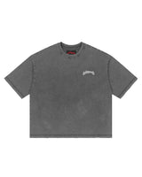 Godspeed Vital Short Set grey wash, washed boxy tee with arched godspeed script, front view