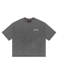 Godspeed Vital Short Set grey wash, washed boxy tee with arched godspeed script, front view