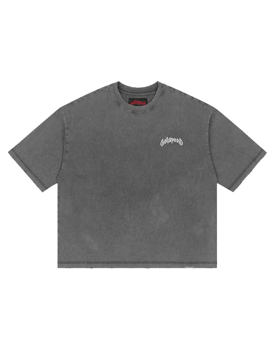 Godspeed Vital Short Set grey wash, washed boxy tee with arched godspeed script, front view