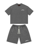 Godspeed Vital Short Set grey wash, washed tee and matching shorts laid flat