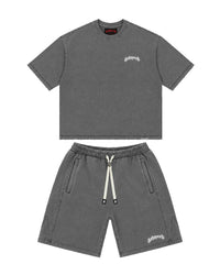 Godspeed Vital Short Set grey wash, washed tee and matching shorts laid flat