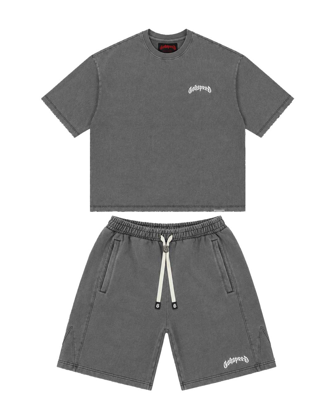 Godspeed Vital Short Set grey wash, washed tee and matching shorts laid flat