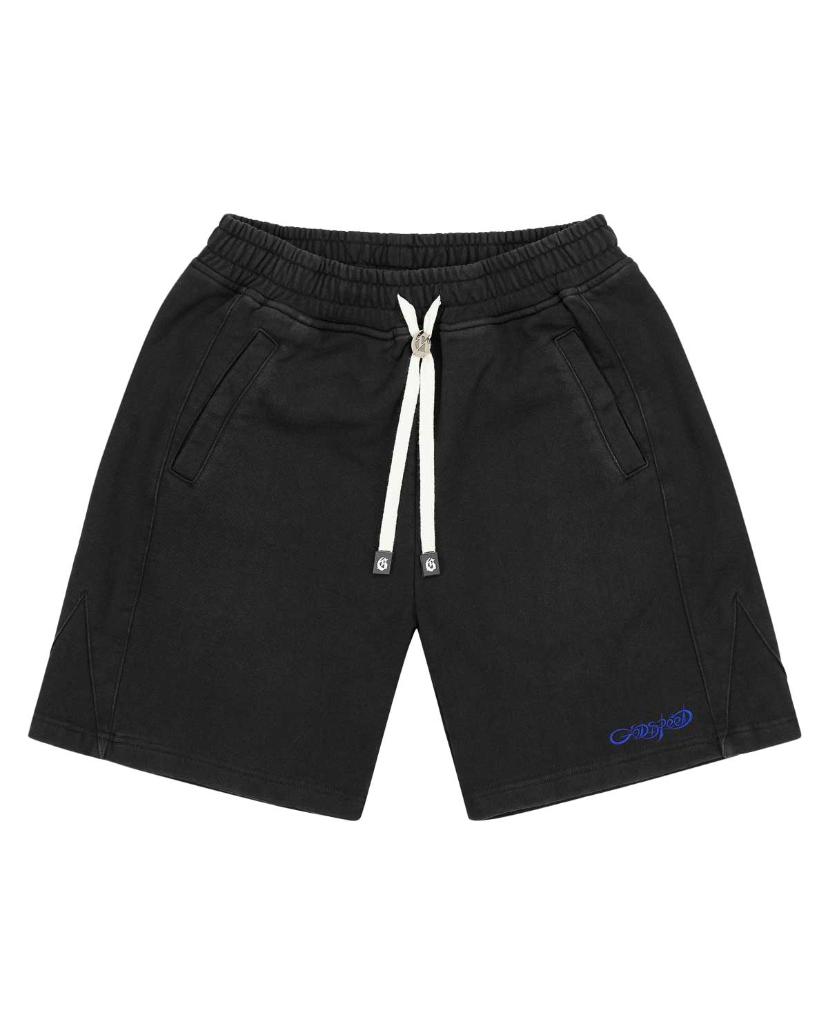 Godspeed Vital Terry Shorts NYC black/blue, washed black French terry shorts with a blue Godspeed script, front view