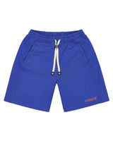 Godspeed Vital Terry Shorts NYK blue, royal blue French terry shorts with an orange Godspeed script, front view