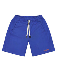 Godspeed Vital Terry Shorts NYK blue, royal blue French terry shorts with an orange Godspeed script, front view