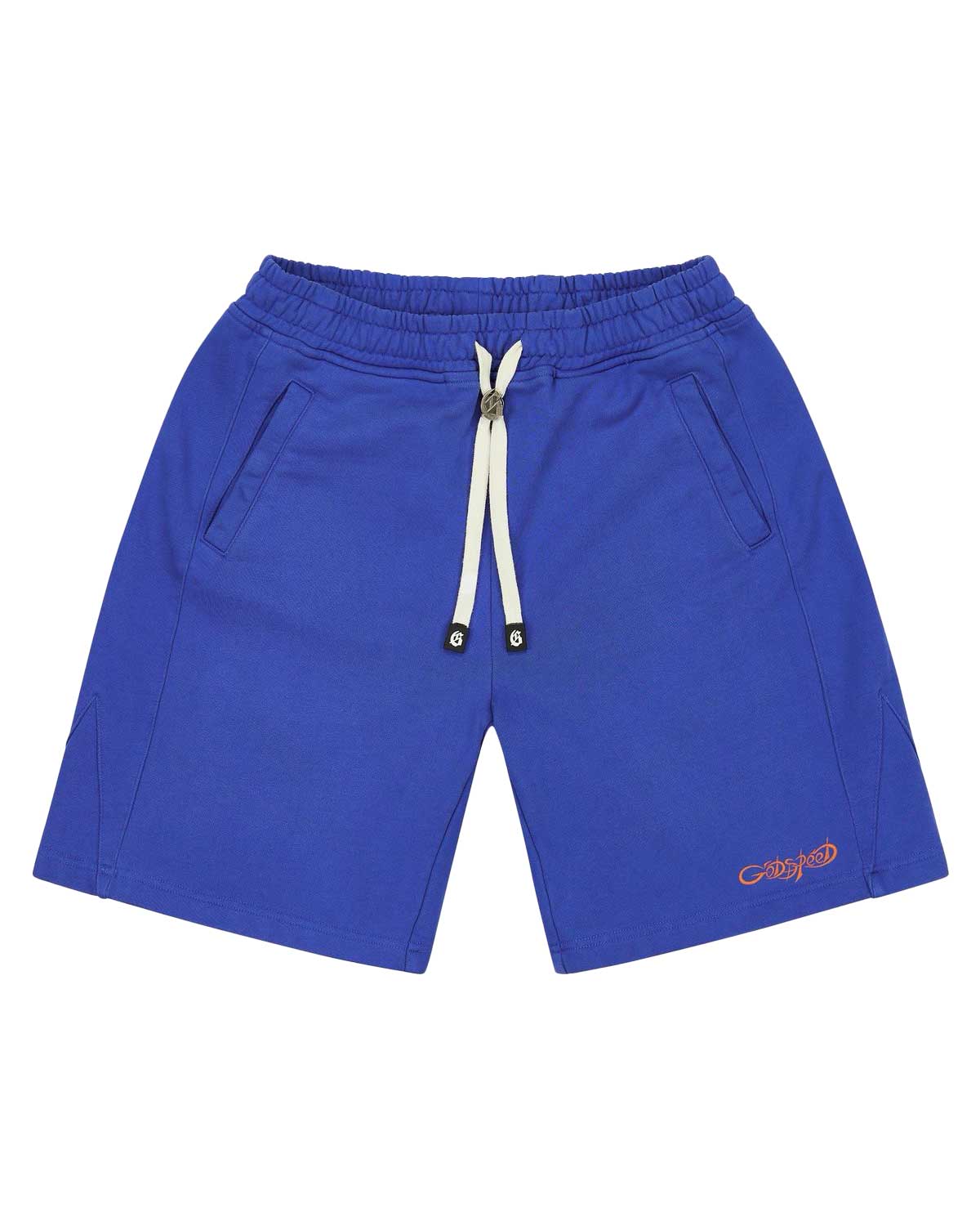 Godspeed Vital Terry Shorts NYK blue, royal blue French terry shorts with an orange Godspeed script, front view