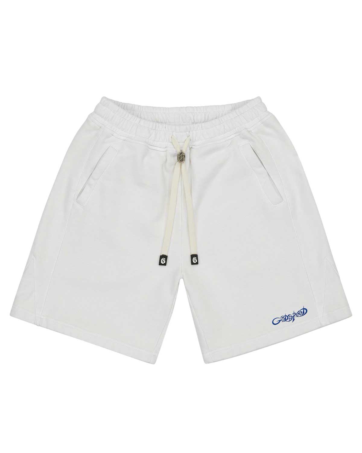 Godspeed Vital Terry Shorts NYK white, off-white French terry shorts with a royal blue Godspeed script, front view