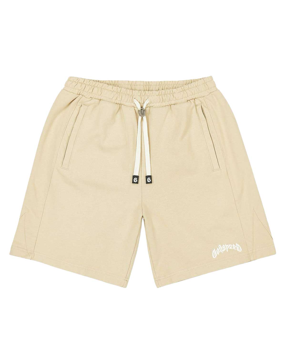 Godspeed Vital Terry Shorts oat milk, oat French terry shorts with a white Godspeed script, front view